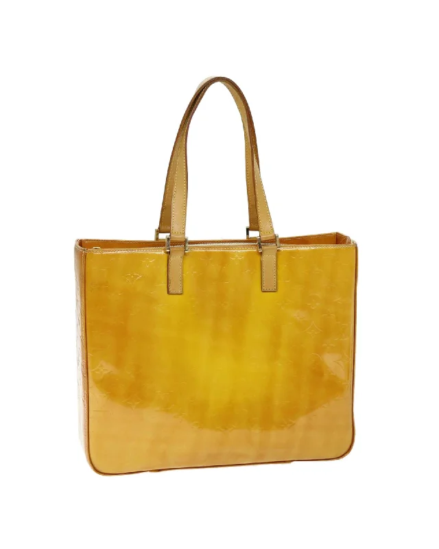 Yellow Patent Leather Tote Bag with Monogram Design