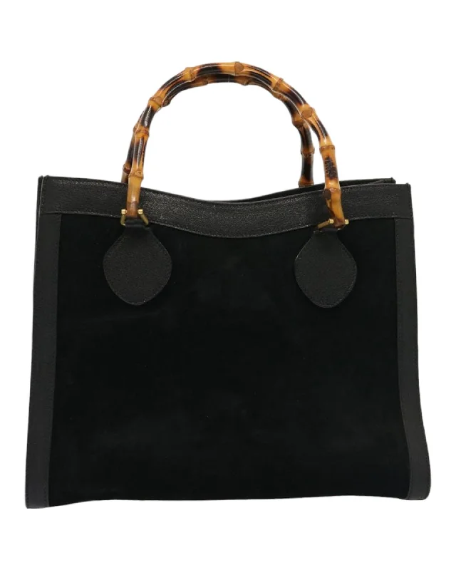 Suede Leather Black Tote Bag with Bamboo Detailing