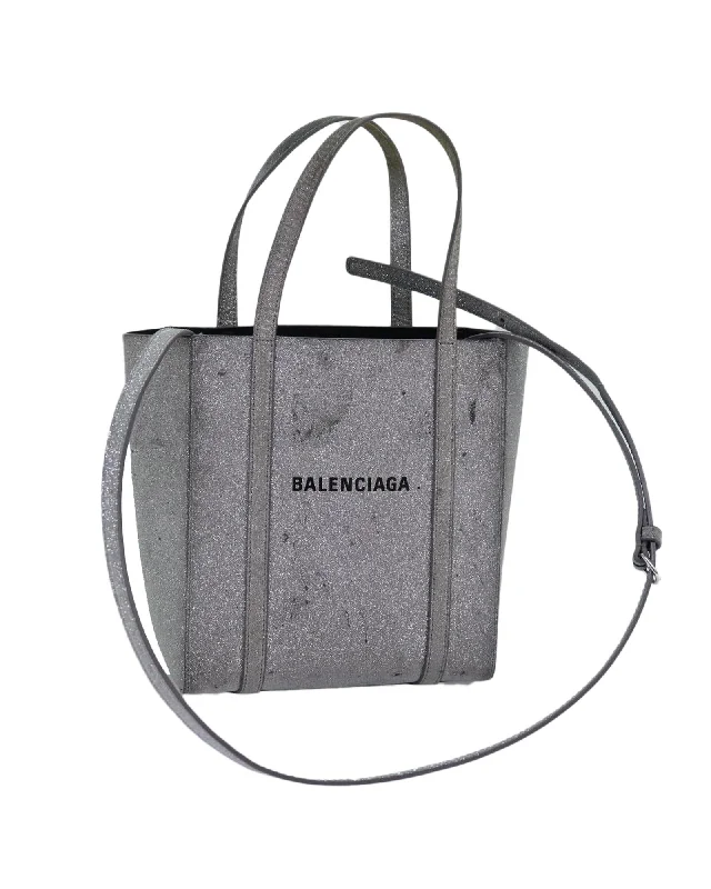 Silver Leather Everyday Tote Hand Bag with Shoulder Strap - Italian Made (SKU bs14099)