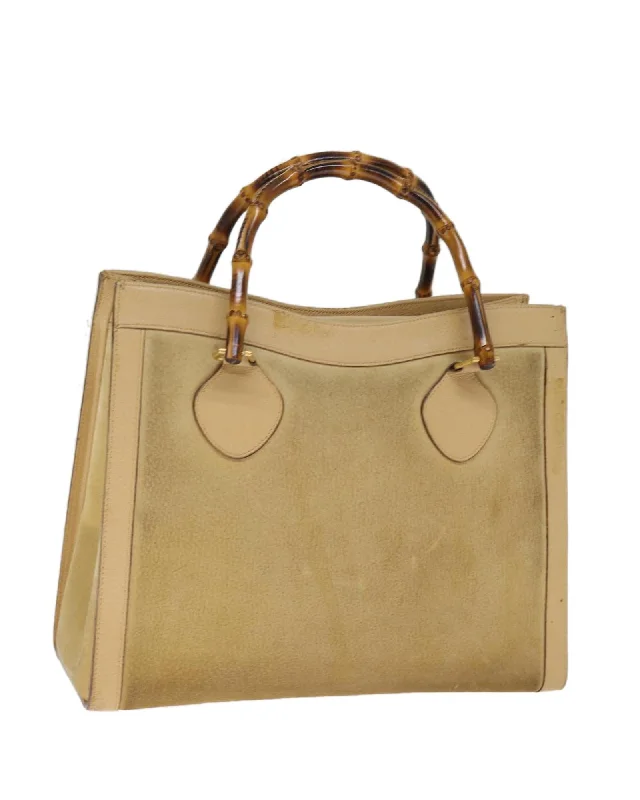 Beige Suede Leather Hand Bag with Bamboo Handle