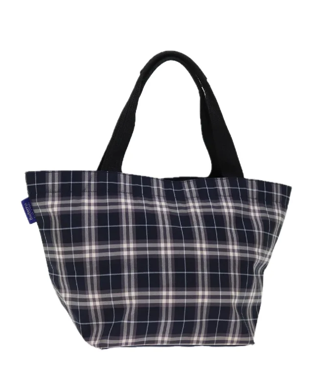 Navy Nylon Tote Bag with Iconic Check Pattern