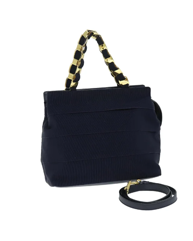 Canvas Chain Hand Bag with Shoulder Strap in Navy