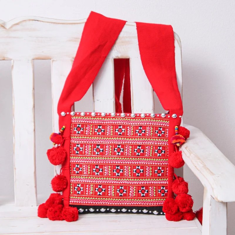 Traditional Floral Patterned Red Beaded Cotton Sling - Red Customs