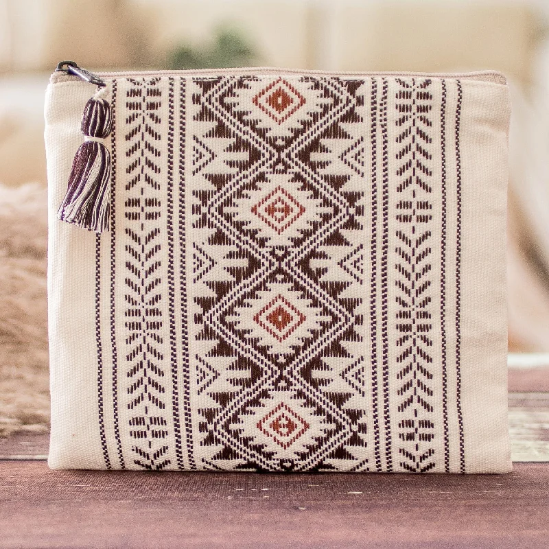 Traditional Patterned Zippered Ivory Cotton Cosmetic Bag - Celestial Paths