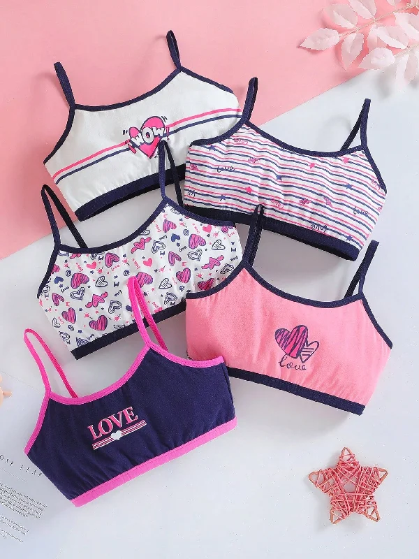 Tween Girl 5pcs Striped & Heart Print Contrast Binding Bra