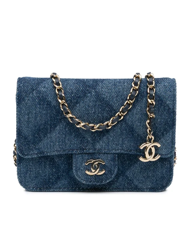 Denim Printed Belt Bag with Leather-Woven Chain Strap and Snap Button Closure