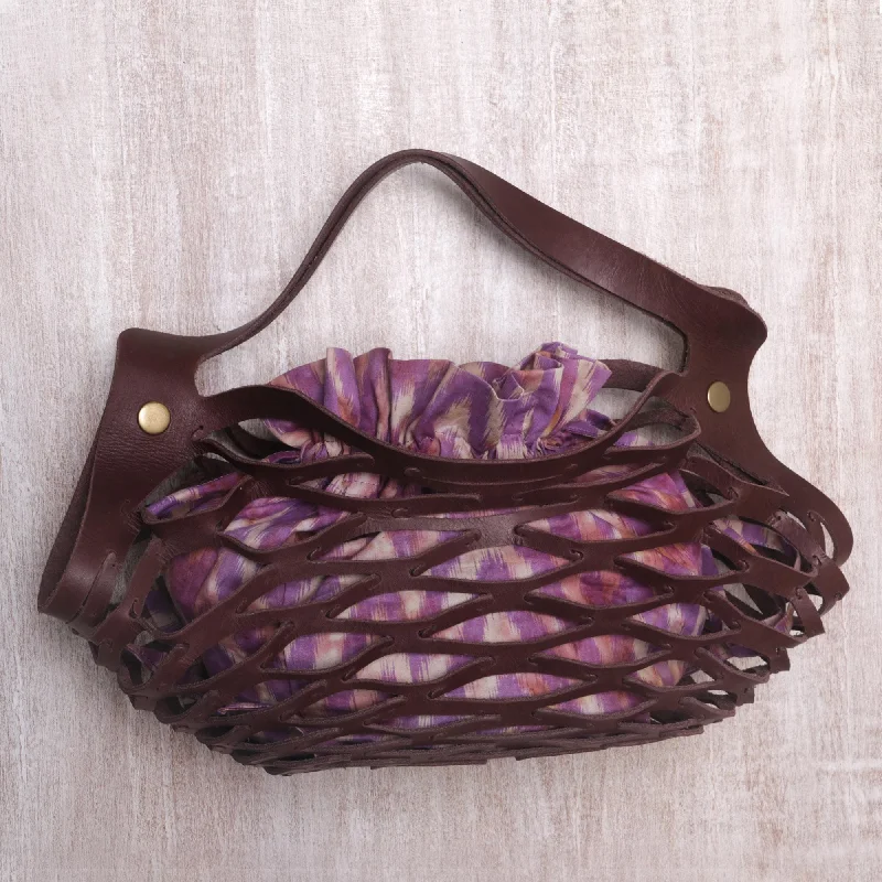 Unique Leather Shoulder Bag with Cotton Lining from Bali - Deep Lavender Nest