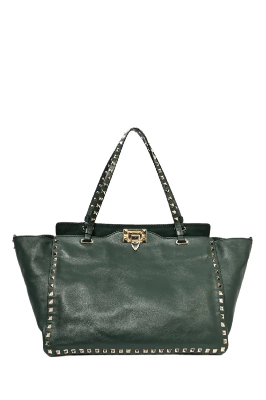 Valentino Green Leather Rockstud Tote with Strap