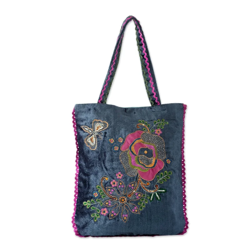 Velvet Applique Shoulder Bag with Embroidery and Sequins - Butterfly Garden