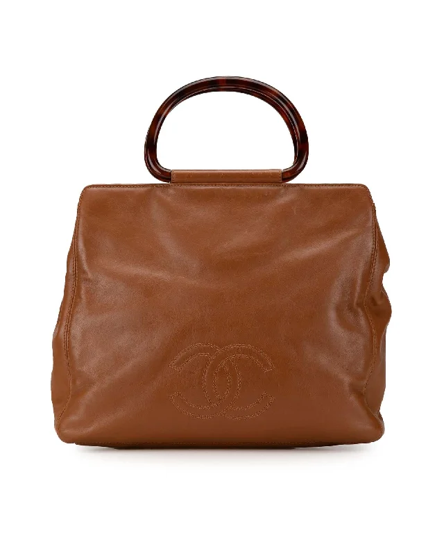 Lambskin Tote with Tortoise Shell Handles and Interior Zip Pockets