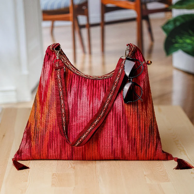 Warm-Toned Ikat Patterned Cotton Hobo Bag with Tassels - Fire Days