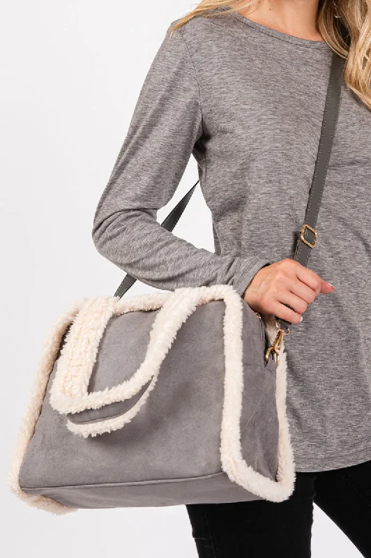 Winter Moonlight Sherpa Trimmed Gray Tote