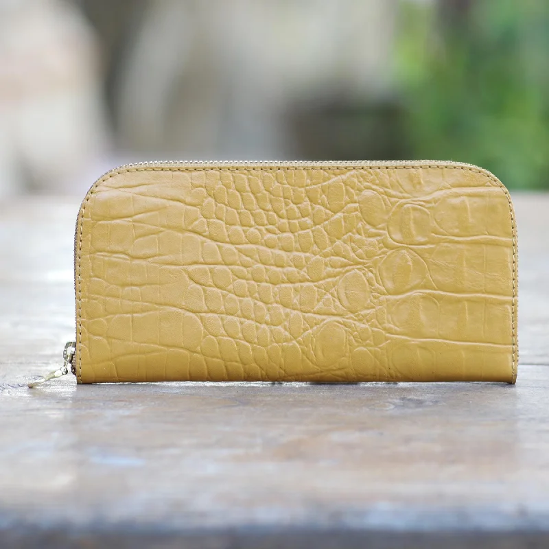 Yellow Leather Wallet with Crocodile Texture - Yellow Croc