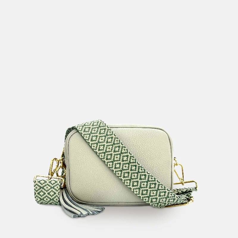 Light Grey Leather Crossbody Bag With Pistachio Cross-Stitch Strap