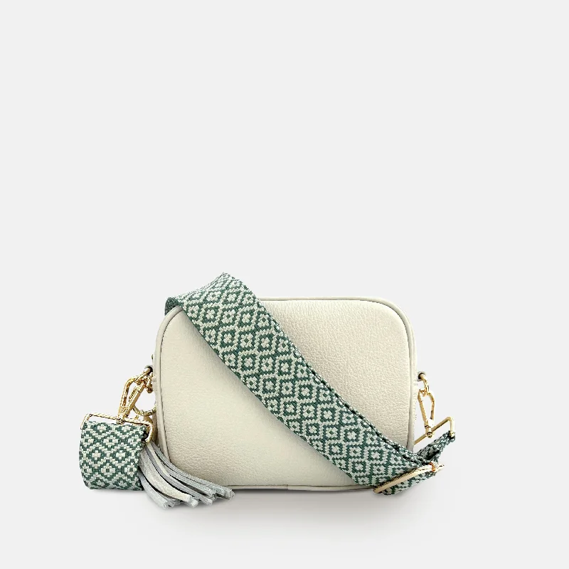 Stone Leather Crossbody Bag With Pistachio Cross-Stitch Strap