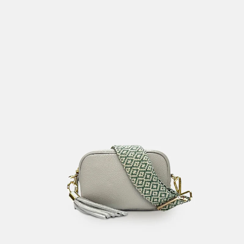 The Mini Tassel Light Grey Leather Phone Bag With Pistachio Cross-Stitch Strap