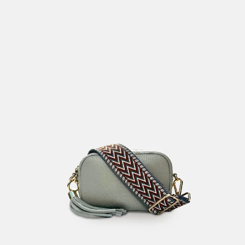 The Mini Tassel Light Grey Leather Phone Bag With Tan Boho Strap