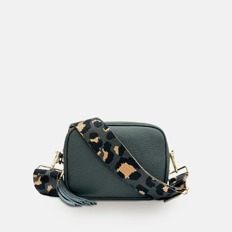 Dark Grey Leather Crossbody Bag With Grey Leopard Strap