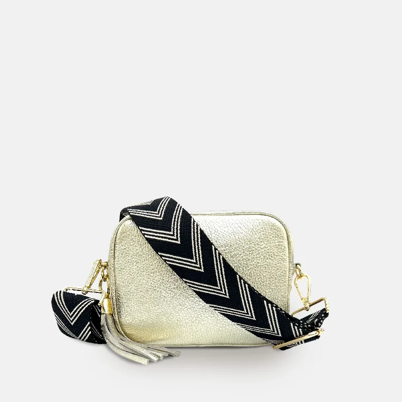 Gold Leather Crossbody Bag With Black & Stone Arrow Strap