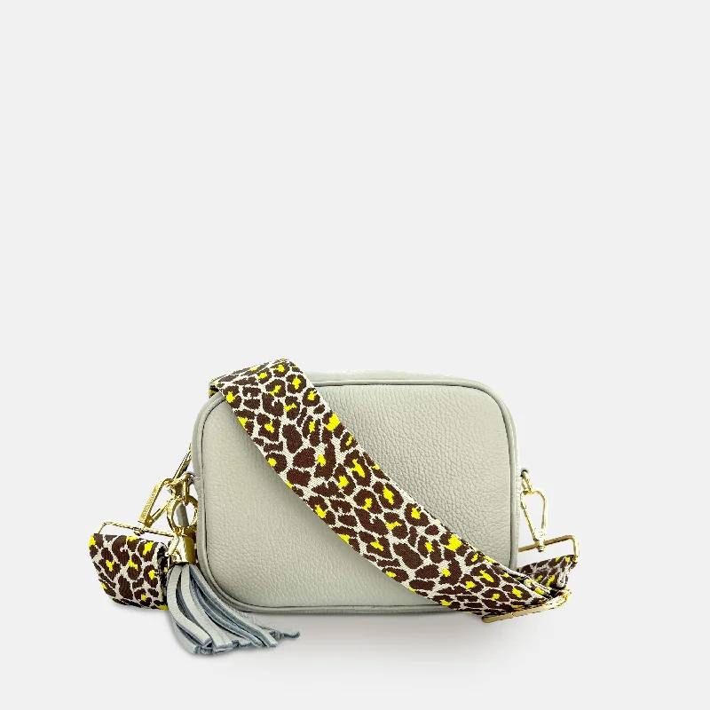 Light Grey Leather Crossbody Bag With Lemon Cheetah Strap