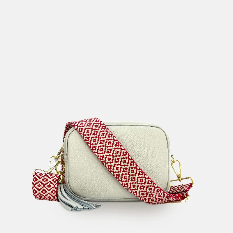 Light Grey Leather Crossbody Bag With Red Cross-Stitch Strap