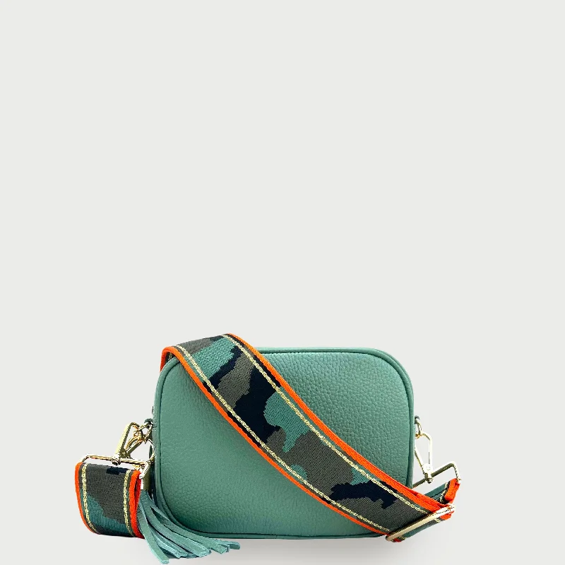 Pistachio Leather Crossbody Bag With Orange & Gold Stripe Camo Strap