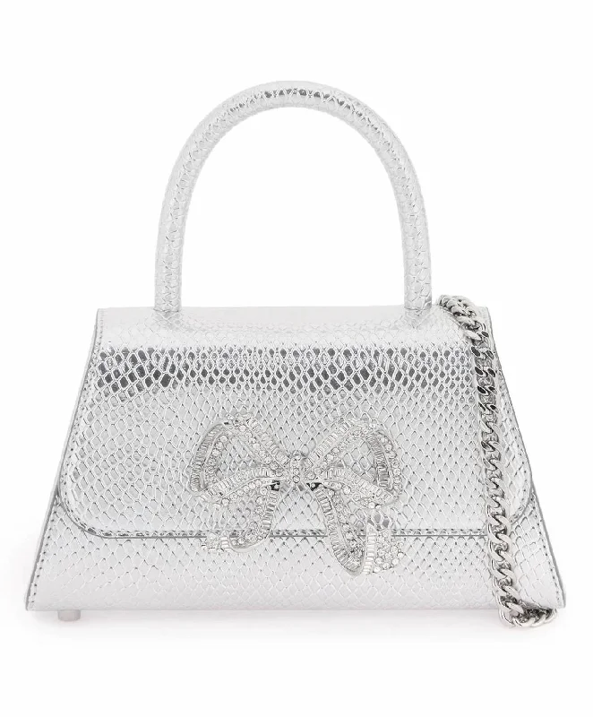 Python Diamante Bow Mini Bag In Silver